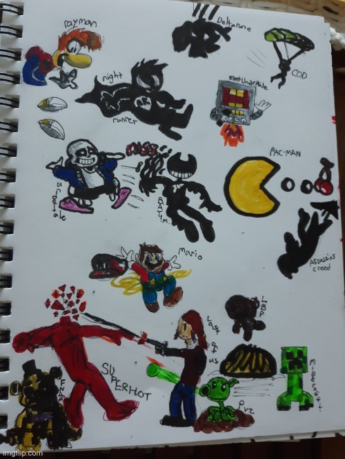 Drawing I made for a friend with all his favorite video game characters(along with his oc nightrunner) | image tagged in drawing | made w/ Imgflip meme maker