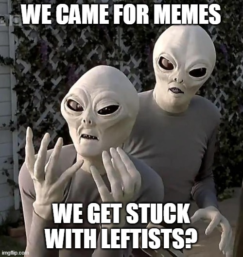 Aliens | WE CAME FOR MEMES WE GET STUCK WITH LEFTISTS? | image tagged in aliens | made w/ Imgflip meme maker