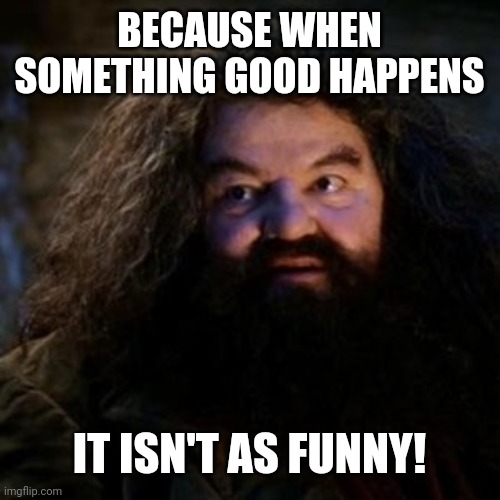 You're a wizard harry | BECAUSE WHEN SOMETHING GOOD HAPPENS IT ISN'T AS FUNNY! | image tagged in you're a wizard harry | made w/ Imgflip meme maker