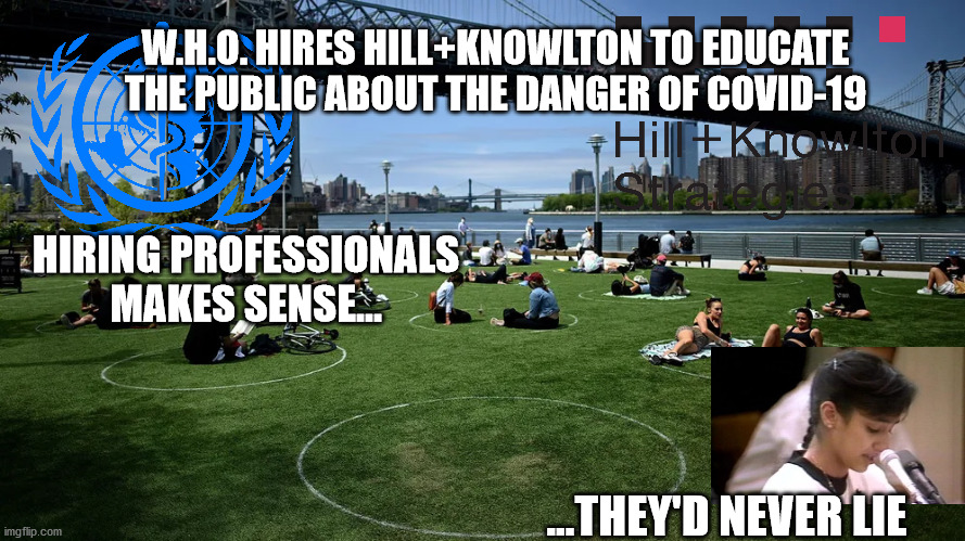 WHO knows... | W.H.O. HIRES HILL+KNOWLTON TO EDUCATE THE PUBLIC ABOUT THE DANGER OF COVID-19; HIRING PROFESSIONALS MAKES SENSE... ...THEY'D NEVER LIE | image tagged in nayirah | made w/ Imgflip meme maker