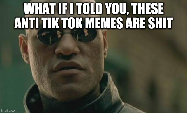 Really so fricking annoying seeing a bunch of crappy memes | WHAT IF I TOLD YOU, THESE ANTI TIK TOK MEMES ARE SHIT | image tagged in memes,matrix morpheus | made w/ Imgflip meme maker