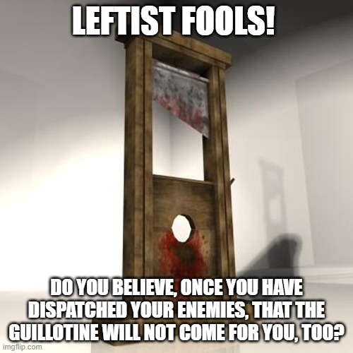 The Guillotine's Thirst Is Never Slaked... | LEFTIST FOOLS! DO YOU BELIEVE, ONCE YOU HAVE DISPATCHED YOUR ENEMIES, THAT THE GUILLOTINE WILL NOT COME FOR YOU, TOO? | image tagged in guillotine,leftists,violent,revolution | made w/ Imgflip meme maker