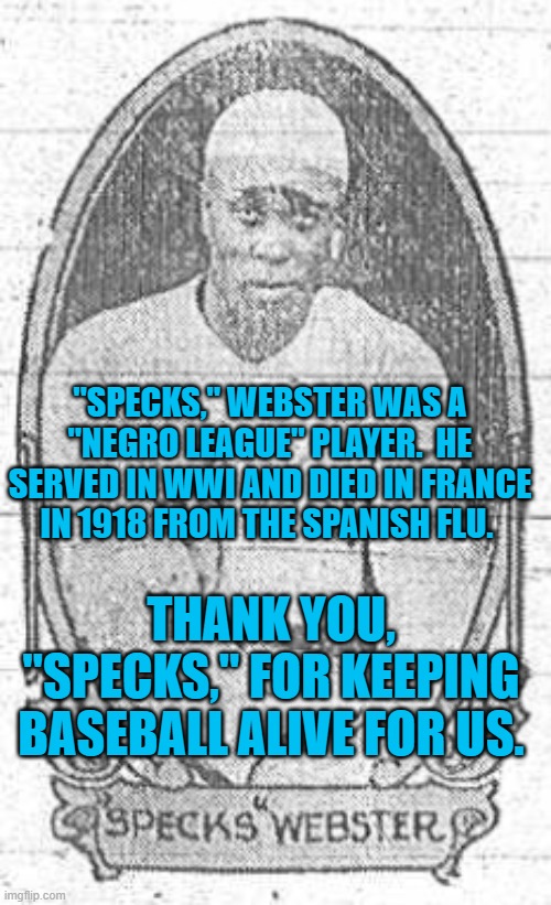 A Forgotten American Hero | "SPECKS," WEBSTER WAS A "NEGRO LEAGUE" PLAYER.  HE SERVED IN WWI AND DIED IN FRANCE IN 1918 FROM THE SPANISH FLU. THANK YOU, "SPECKS," FOR KEEPING BASEBALL ALIVE FOR US. | image tagged in sports | made w/ Imgflip meme maker