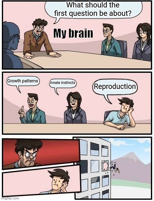 Boardroom Meeting Suggestion Meme | What should the first question be about? Growth patterns Innate instincts Reproduction My brain | image tagged in memes,boardroom meeting suggestion | made w/ Imgflip meme maker
