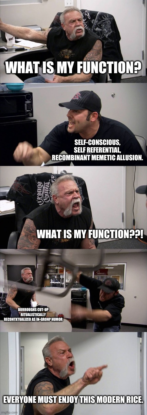what?? | WHAT IS MY FUNCTION? SELF-CONSCIOUS, SELF REFERENTIAL, RECOMBINANT MEMETIC ALLUSION. WHAT IS MY FUNCTION??! BURROUGHS CUT-UP RITUALISTICALLY RECONTXTUALIZED AS IN-GRONP HUMOR; EVERYONE MUST ENJOY THIS MODERN RICE. | image tagged in memes,american chopper argument | made w/ Imgflip meme maker