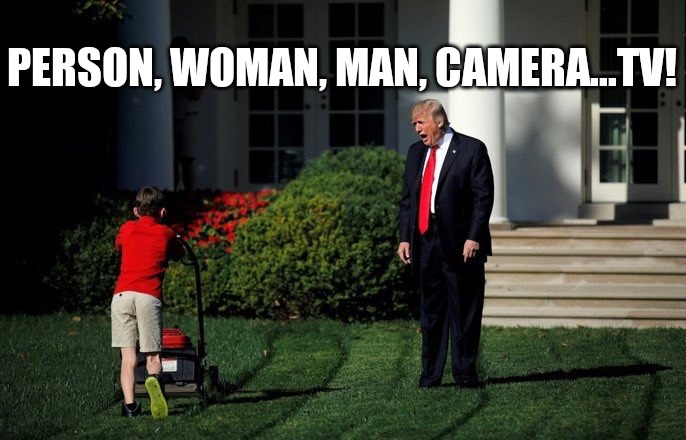 Donald the Dope is still yelling | PERSON, WOMAN, MAN, CAMERA...TV! | image tagged in trump lawn mower | made w/ Imgflip meme maker