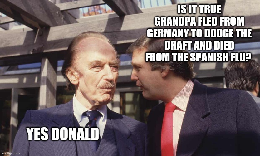 Please let history repeat itself | IS IT TRUE GRANDPA FLED FROM GERMANY TO DODGE THE DRAFT AND DIED FROM THE SPANISH FLU? YES DONALD | image tagged in memes,donald trump,covid-19,deaths | made w/ Imgflip meme maker