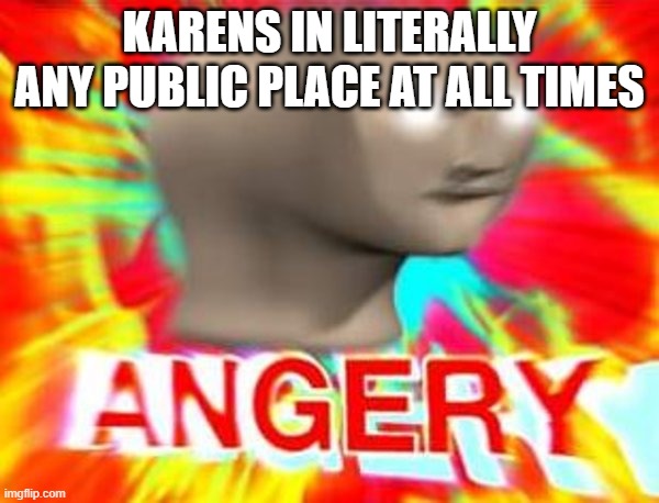 Karens all the time | KARENS IN LITERALLY ANY PUBLIC PLACE AT ALL TIMES | image tagged in surreal angery | made w/ Imgflip meme maker
