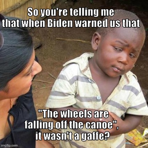 Not a gaffe | So you're telling me that when Biden warned us that; "The wheels are falling off the canoe", 
it wasn't a gaffe? | image tagged in third world skeptical kid,joe biden | made w/ Imgflip meme maker