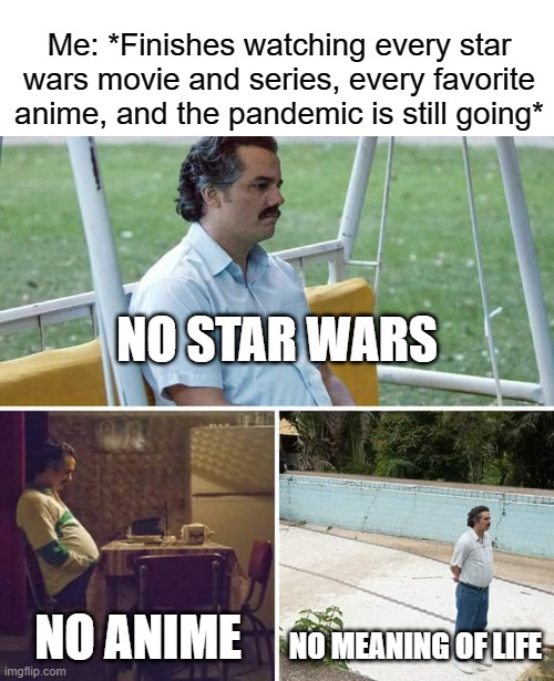 sad | Me: *Finishes watching every star wars movie and series, every favorite anime, and the pandemic is still going*; NO STAR WARS; NO ANIME; NO MEANING OF LIFE | image tagged in memes,sad pablo escobar | made w/ Imgflip meme maker