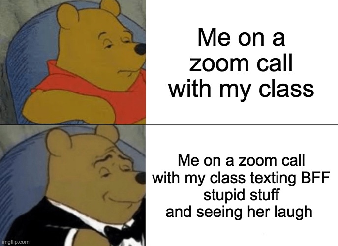 Tuxedo Winnie The Pooh Meme | Me on a zoom call with my class; Me on a zoom call with my class texting BFF
 stupid stuff 
and seeing her laugh | image tagged in memes,tuxedo winnie the pooh,quarantine,zoom | made w/ Imgflip meme maker