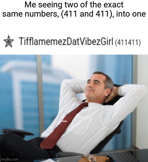 Satisfying | Me seeing two of the exact same numbers, (411 and 411), into one | image tagged in satisfaction satisfy,numbers,number,memes,meme,dank memes | made w/ Imgflip meme maker
