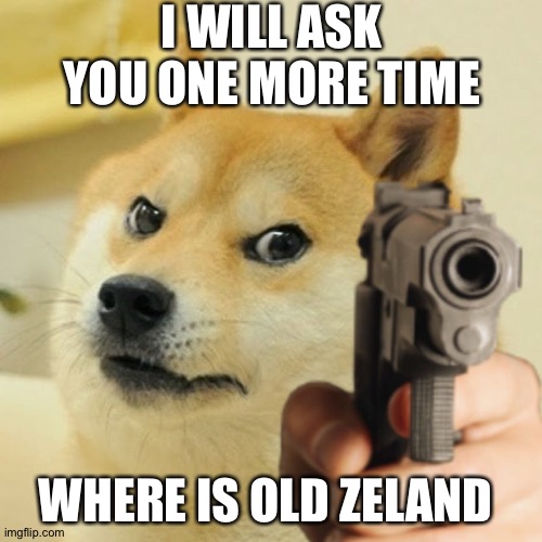 Old Zeland | I WILL ASK YOU ONE MORE TIME; WHERE IS OLD ZELAND | image tagged in doge gun | made w/ Imgflip meme maker