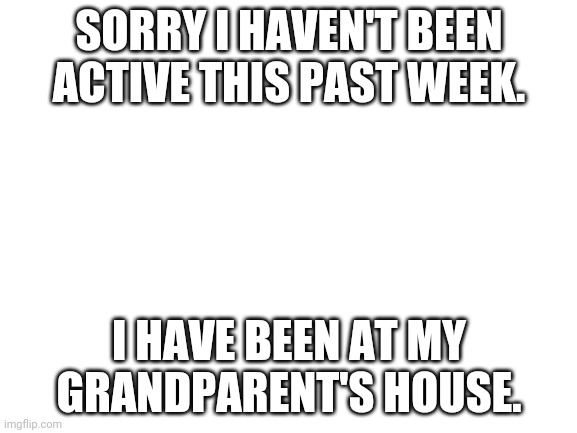 Blank White Template | SORRY I HAVEN'T BEEN ACTIVE THIS PAST WEEK. I HAVE BEEN AT MY GRANDPARENT'S HOUSE. | image tagged in blank white template | made w/ Imgflip meme maker