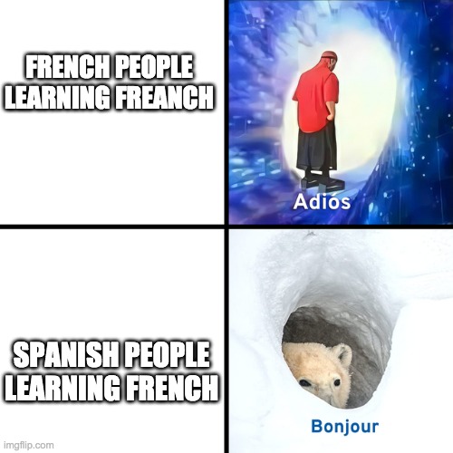 Adios Bonjour | FRENCH PEOPLE LEARNING FREANCH; SPANISH PEOPLE LEARNING FRENCH | image tagged in adios bonjour | made w/ Imgflip meme maker