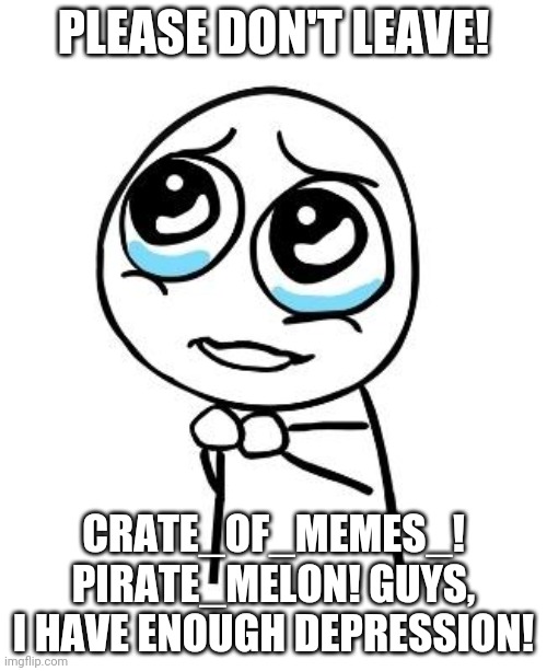 pleaseguy | PLEASE DON'T LEAVE! CRATE_OF_MEMES_! PIRATE_MELON! GUYS, I HAVE ENOUGH DEPRESSION! | image tagged in pleaseguy | made w/ Imgflip meme maker
