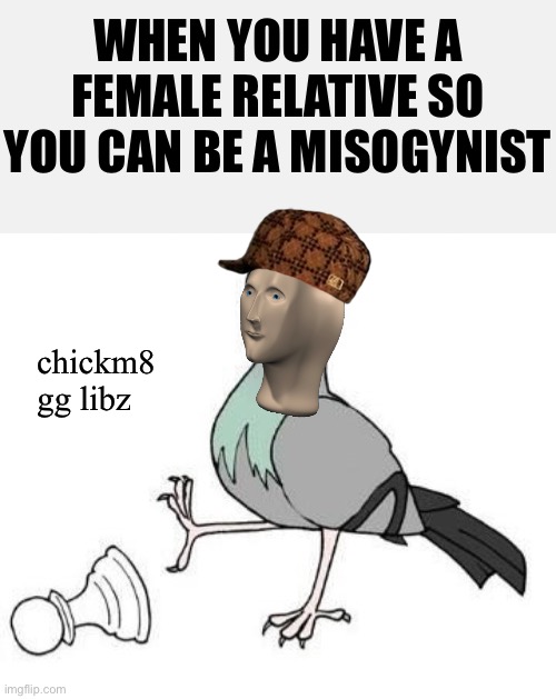 When they actually resort to this excuse when caught red-handed calling a female colleague a “fucking bitch.” | WHEN YOU HAVE A FEMALE RELATIVE SO YOU CAN BE A MISOGYNIST; chickm8 gg libz | image tagged in pigeon chess no text,fucking,bitch,misogyny,scumbag,pigeon | made w/ Imgflip meme maker