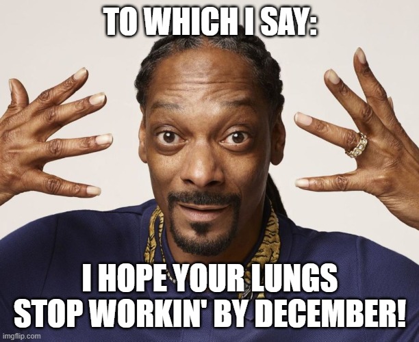 TO WHICH I SAY: I HOPE YOUR LUNGS STOP WORKIN' BY DECEMBER! | made w/ Imgflip meme maker