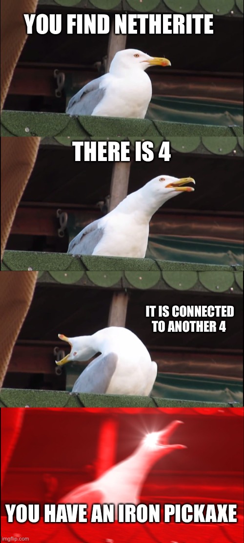 Inhaling Seagull | YOU FIND NETHERITE; THERE IS 4; IT IS CONNECTED TO ANOTHER 4; YOU HAVE AN IRON PICKAXE | image tagged in memes,inhaling seagull | made w/ Imgflip meme maker