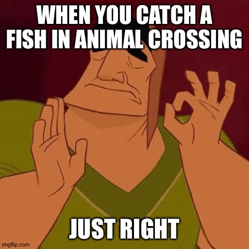 When X just right | WHEN YOU CATCH A FISH IN ANIMAL CROSSING; JUST RIGHT | image tagged in when x just right | made w/ Imgflip meme maker
