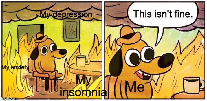 Mental Health Realization | My depression; This isn't fine. My anxiety; My insomnia; Me | image tagged in this is fine blank | made w/ Imgflip meme maker