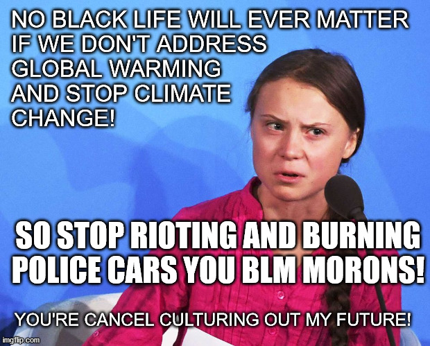 Black Lives Matter Marxists Cancel Culture Out Greta Thunberg's Future! | NO BLACK LIFE WILL EVER MATTER
IF WE DON'T ADDRESS
GLOBAL WARMING
AND STOP CLIMATE 
CHANGE! SO STOP RIOTING AND BURNING POLICE CARS YOU BLM MORONS! YOU'RE CANCEL CULTURING OUT MY FUTURE! | image tagged in anggreta thunberg,blm,black lives matter,george floyd,greta thunberg,cancel culture | made w/ Imgflip meme maker