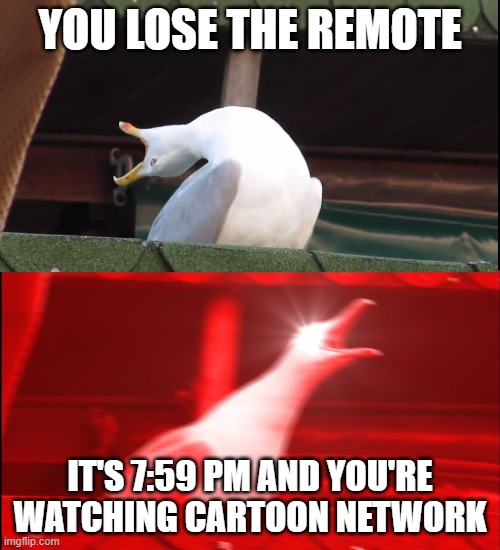 relatable | YOU LOSE THE REMOTE; IT'S 7:59 PM AND YOU'RE WATCHING CARTOON NETWORK | image tagged in screaming bird | made w/ Imgflip meme maker