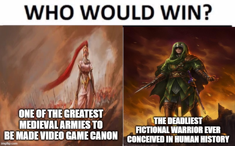who would win | ONE OF THE GREATEST MEDIEVAL ARMIES TO BE MADE VIDEO GAME CANON; THE DEADLIEST FICTIONAL WARRIOR EVER CONCEIVED IN HUMAN HISTORY | image tagged in who would win,legend of zelda | made w/ Imgflip meme maker