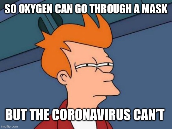 Futurama Fry Meme | SO OXYGEN CAN GO THROUGH A MASK; BUT THE CORONAVIRUS CAN’T | image tagged in memes,futurama fry | made w/ Imgflip meme maker
