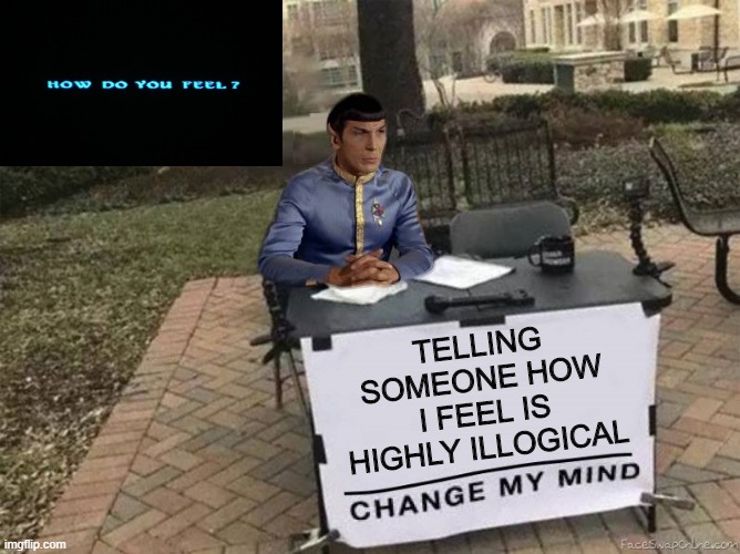 No Answer for That Question |  TELLING SOMEONE HOW I FEEL IS HIGHLY ILLOGICAL | image tagged in mr spock change my mind | made w/ Imgflip meme maker