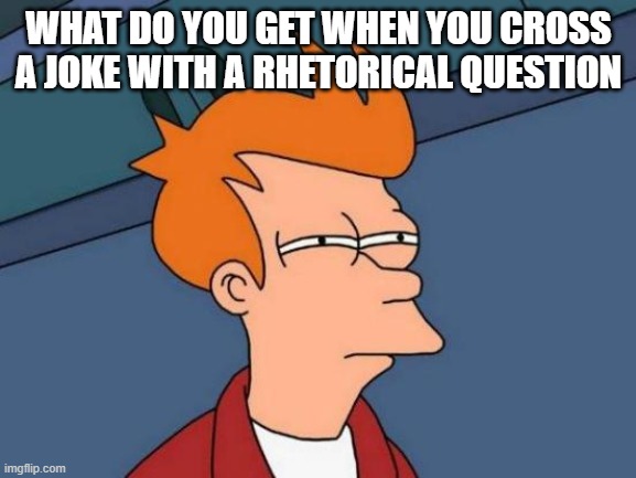 Futurama Fry Meme | WHAT DO YOU GET WHEN YOU CROSS A JOKE WITH A RHETORICAL QUESTION | image tagged in memes,futurama fry | made w/ Imgflip meme maker