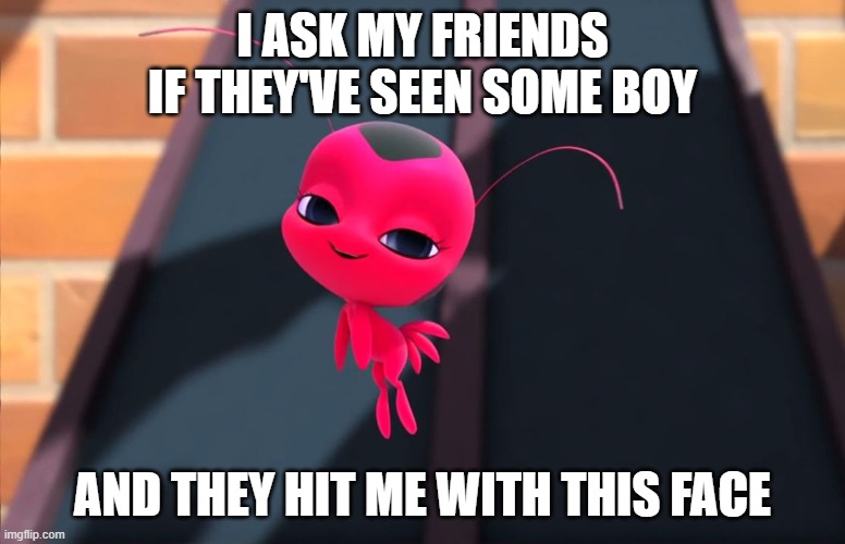 Tikki Sarcasm | I ASK MY FRIENDS IF THEY'VE SEEN SOME BOY; AND THEY HIT ME WITH THIS FACE | image tagged in miraculous bedroom eyes | made w/ Imgflip meme maker