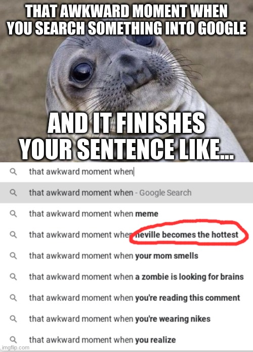 What the heck | THAT AWKWARD MOMENT WHEN YOU SEARCH SOMETHING INTO GOOGLE; AND IT FINISHES YOUR SENTENCE LIKE... | image tagged in memes,awkward moment sealion | made w/ Imgflip meme maker