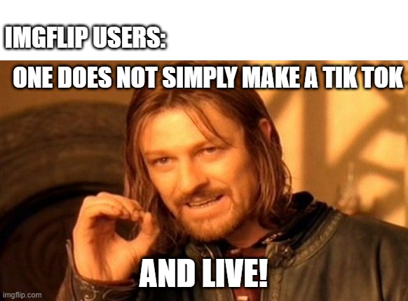 Indeed. | IMGFLIP USERS:; ONE DOES NOT SIMPLY MAKE A TIK TOK; AND LIVE! | image tagged in memes,one does not simply | made w/ Imgflip meme maker