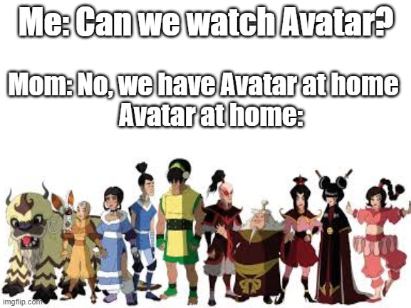 Blank White Template | Me: Can we watch Avatar? Mom: No, we have Avatar at home 


  Avatar at home: | image tagged in blank white template | made w/ Imgflip meme maker