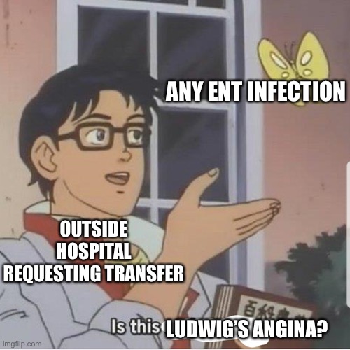 Butterfly man | ANY ENT INFECTION; OUTSIDE HOSPITAL REQUESTING TRANSFER; LUDWIG’S ANGINA? | image tagged in butterfly man | made w/ Imgflip meme maker