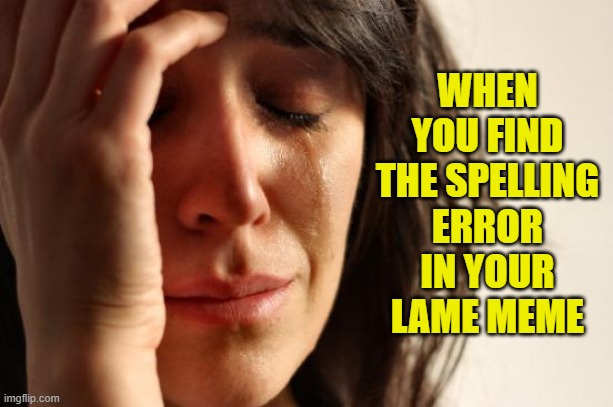 First World Problems Meme | WHEN YOU FIND THE SPELLING ERROR IN YOUR LAME MEME | image tagged in memes,first world problems | made w/ Imgflip meme maker