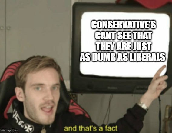 and that's a fact | CONSERVATIVE'S CANT SEE THAT THEY ARE JUST AS DUMB AS LIBERALS | image tagged in and that's a fact | made w/ Imgflip meme maker