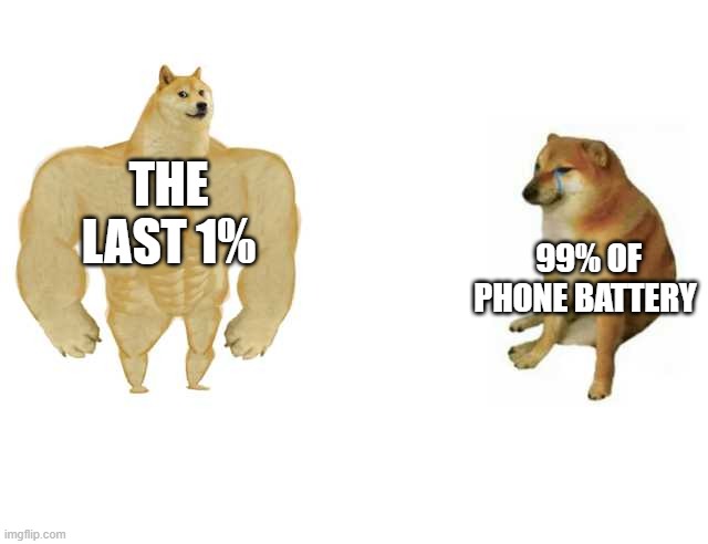 Phone Battery Life | THE LAST 1%; 99% OF PHONE BATTERY | image tagged in strong doge weak doge | made w/ Imgflip meme maker