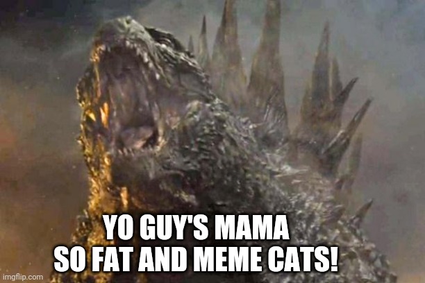 Godzilla 2014 come at me bro | YO GUY'S MAMA SO FAT AND MEME CATS! | image tagged in godzilla 2014 come at me bro | made w/ Imgflip meme maker