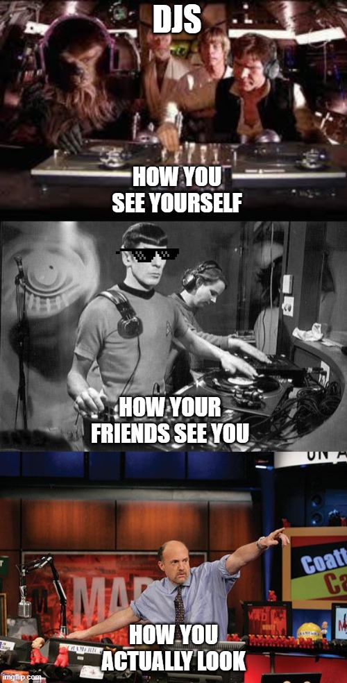 DJs | DJS; HOW YOU SEE YOURSELF; HOW YOUR FRIENDS SEE YOU; HOW YOU ACTUALLY LOOK | image tagged in memes,mad money jim cramer,dj star wars,dj spock | made w/ Imgflip meme maker