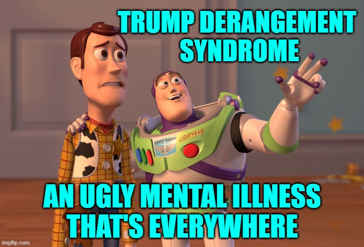 X, X Everywhere Meme | TRUMP DERANGEMENT 
SYNDROME AN UGLY MENTAL ILLNESS
THAT'S EVERYWHERE | image tagged in memes,x x everywhere | made w/ Imgflip meme maker