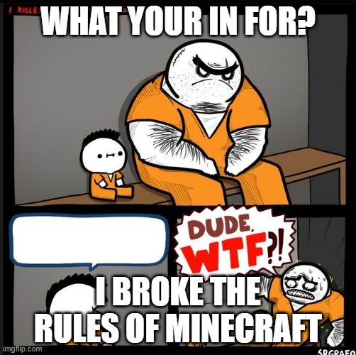 Srgrafo dude wtf | WHAT YOUR IN FOR? I BROKE THE RULES OF MINECRAFT | image tagged in srgrafo dude wtf | made w/ Imgflip meme maker