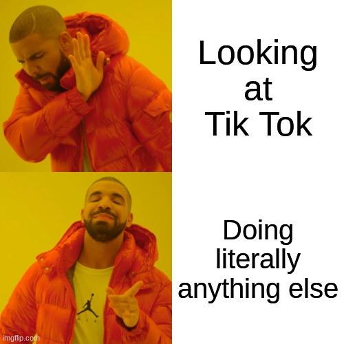 Drake Hotline Bling | Looking at Tik Tok; Doing literally anything else | image tagged in memes,drake hotline bling | made w/ Imgflip meme maker