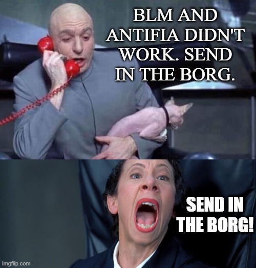 Dr Evil and Frau | BLM AND ANTIFIA DIDN'T WORK. SEND IN THE BORG. SEND IN THE BORG! | image tagged in dr evil and frau | made w/ Imgflip meme maker