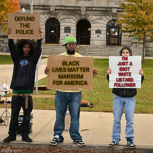 3 Demonstrators Holding Signs | DEFUND THE POLICE; BLACK LIVES MATTER MARXISM FOR AMERICA; I'M JUST A IDIOT WHITE LIBTARD FOLLOWER | image tagged in 3 demonstrators holding signs | made w/ Imgflip meme maker