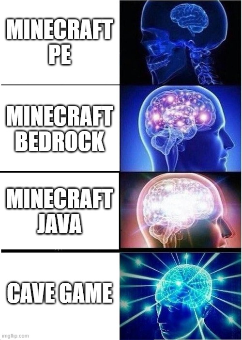 Expanding Brain | MINECRAFT PE; MINECRAFT BEDROCK; MINECRAFT JAVA; CAVE GAME | image tagged in memes,expanding brain | made w/ Imgflip meme maker