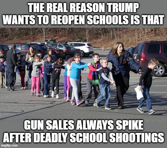 The NRA owns Trump | THE REAL REASON TRUMP
WANTS TO REOPEN SCHOOLS IS THAT; GUN SALES ALWAYS SPIKE AFTER DEADLY SCHOOL SHOOTINGS | image tagged in trump unfit unqualified dangerous,nra,school shootings,reopen schools,gun sales,economy over lives | made w/ Imgflip meme maker