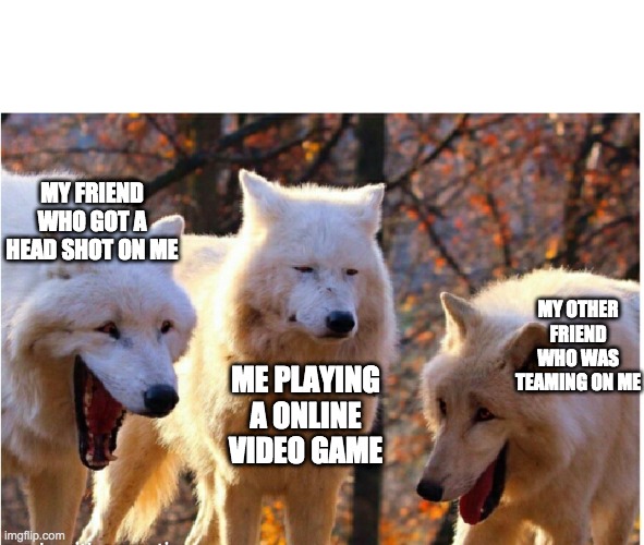 Laughing wolves | MY FRIEND WHO GOT A HEAD SHOT ON ME; MY OTHER FRIEND WHO WAS TEAMING ON ME; ME PLAYING A ONLINE VIDEO GAME | image tagged in laughing wolves | made w/ Imgflip meme maker