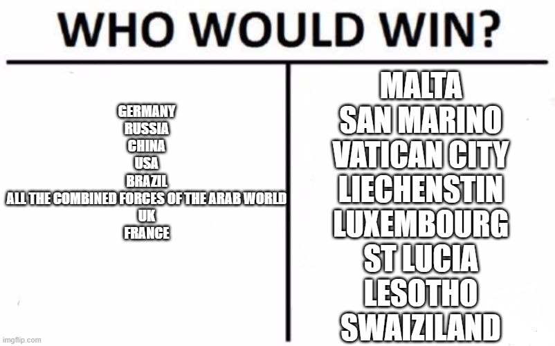 Who Would Win? | GERMANY
RUSSIA
CHINA
USA
BRAZIL
ALL THE COMBINED FORCES OF THE ARAB WORLD
UK
FRANCE; MALTA
SAN MARINO
VATICAN CITY
LIECHENSTIN
LUXEMBOURG
ST LUCIA
LESOTHO
SWAIZILAND | image tagged in memes,who would win | made w/ Imgflip meme maker